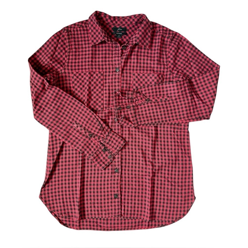 J.Crew Gingham Flannel Button-Down Shirt Red Black Size 6 - Picture 2 of 8
